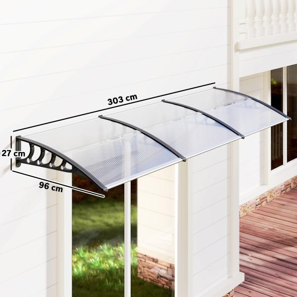Marquise de Proteção 303x96 cm Marquise Exterior para Portas e Janelas com Suporte Liga de Alumínio Policarbonato Transparente