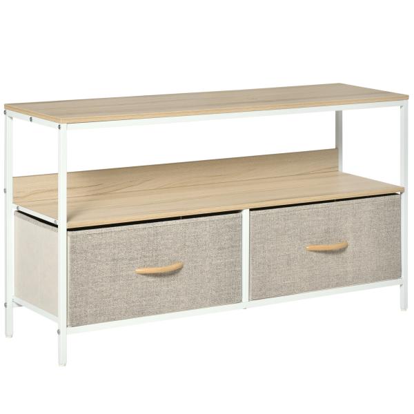 Móvel de TV com Prateleira e 2 Gavetas Dobráveis em Tecido para TV até 47", 98 cm, Natural e Cinzento