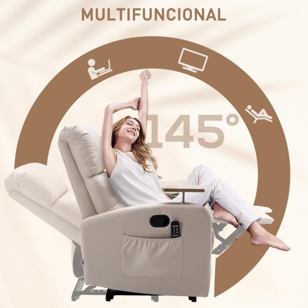 Poltrona de Massagem Poltrona Relax Elétrica com 4 Modos de Vibração Reclinação 145° Estofada em Microfibra Controlo Remoto Mesa 2 Bolsos Laterais e Suporte para Copos 77x93x105cm Bege