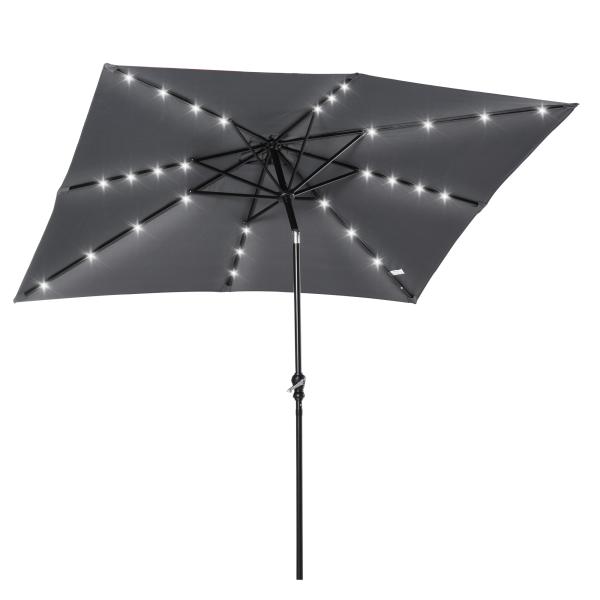 Chapéu de Sol com Luzes LED 268x205x248 cm Chapéu de Sol de Jardim Inclinável até 45° e Abertura a Manivela Cinza Escuro