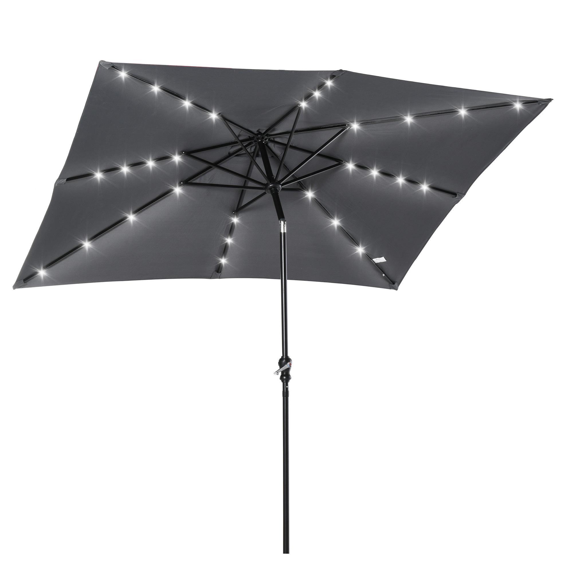 Chapéu de Sol com Luzes LED 268x205x248 cm Chapéu de Sol de Jardim Inclinável até 45° e Abertura a Manivela Cinza Escuro