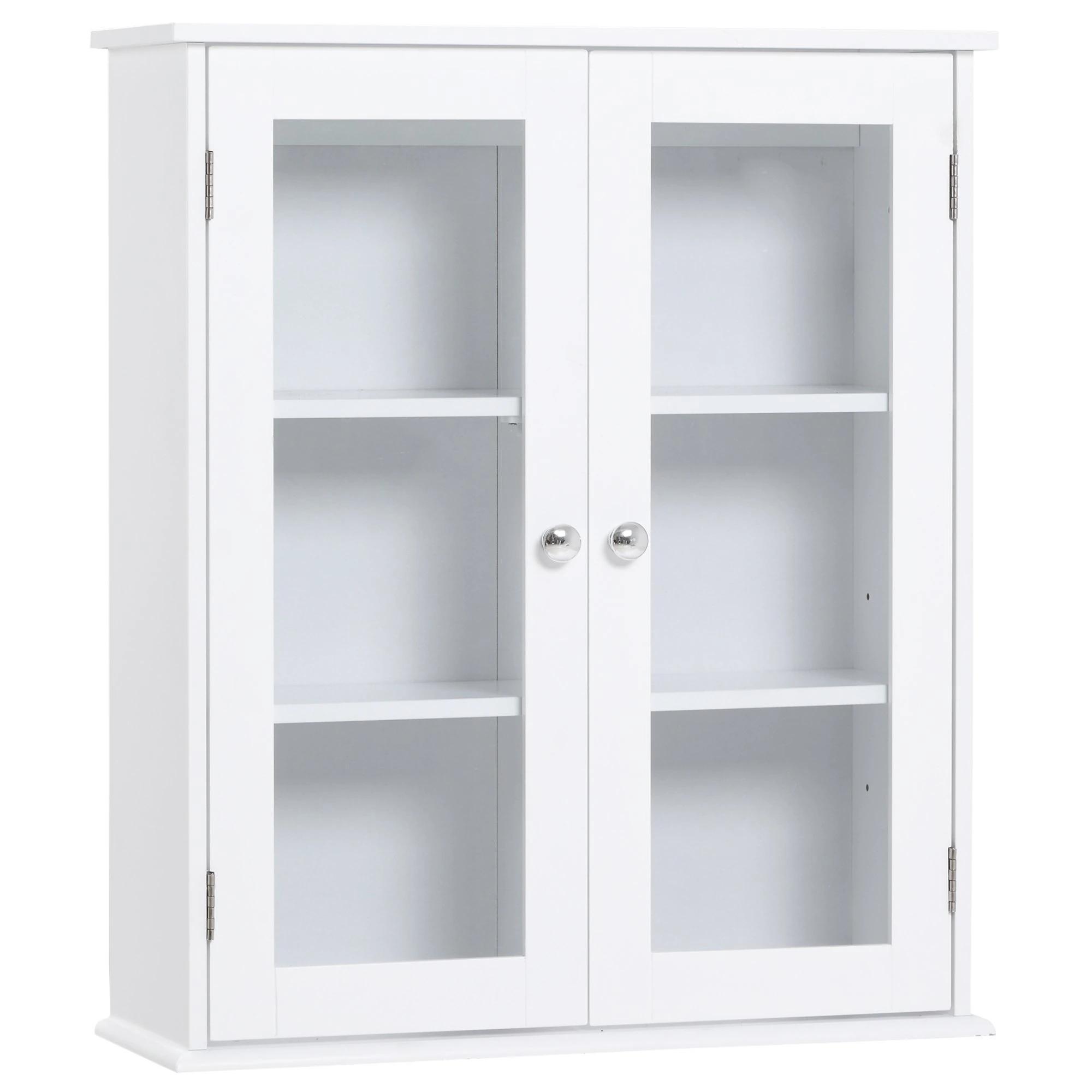 Armário Casa de Banho de Parede com 2 Portas de Cristal Armário Suspenso com Prateleiras Ajustáveis em Altura Multiuso para Cozinhas Sala de Estar 55x20x65cm Branco