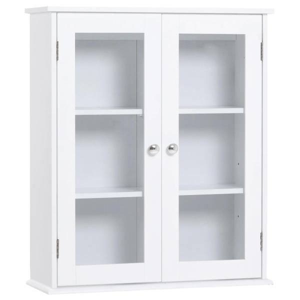 Armário Casa de Banho de Parede com 2 Portas de Cristal Armário Suspenso com Prateleiras Ajustáveis em Altura Multiuso para Cozinhas Sala de Estar 55x20x65cm Branco