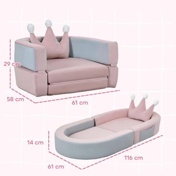 Sofá para Crianças com Almofada em Forma de Coroa Dobrável em Cama e Zona de Brincadeiras 116x61x14 cm Rosa e Azul Acinzentado