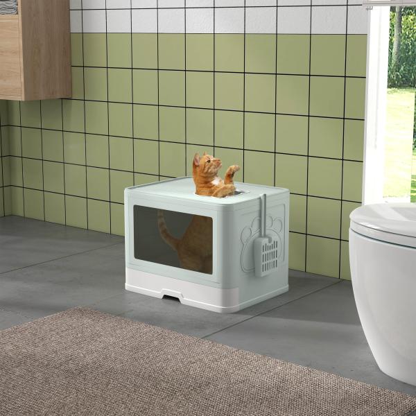 Caixa de Areia para Gatos Amovível com Pá Escova 2 Portas Entrada Principal e Saída Superior 48,5x38x36,5 cm Verde Claro