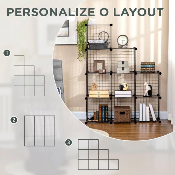 Estante Modular de 9 Cubos em Arame DIY, Organizador Multiusos para Sala, Preta
