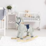Baloiço Infantil de Cavalo para Crianças acima de 3 Anos Baloiço de Pelúcia com Sons de Relinchos e Galopes e Base de Madeira 73x35x64cm Azul e Cinza