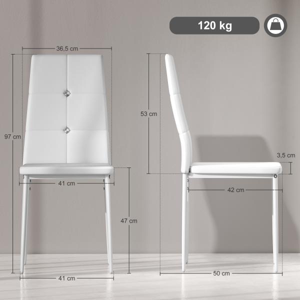 Conjunto de 6 Cadeiras de Sala de Jantar Estofadas em PU Cadeiras de Cozinha com Encosto Alto com Botões 41x50x97 cm Branco