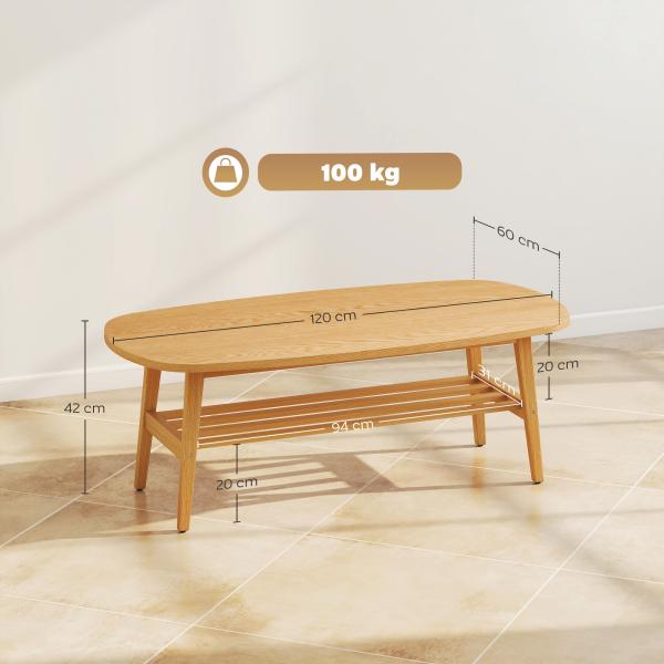 Mesa de Centro de 2 Níveis Moderna com Prateleira Aberta Inferior e Pernas de Madeira de Borracha 120x60x42 cm Madeira