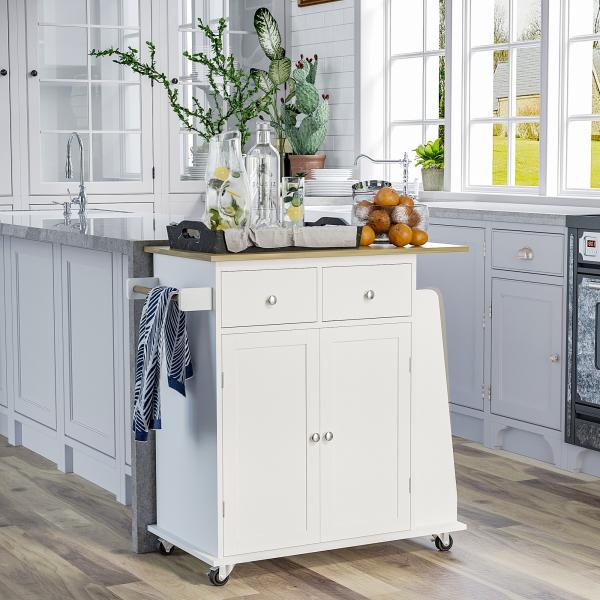 Carrinho de Cozinha Auxiliar com Rodas Carrinho de Cozinha com 2 Gavetas Armário de Armazenamento Prateleira Interior Ajustável 3 Suportes para Temperos e Barra de Pendurar 89x45x89,5cm Branco
