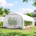 Estufa Tipo Túnel 395x300x200 cm com Porta de Malha e 8 Janelas Estufa de Jardim com Cobertura de PE Branco