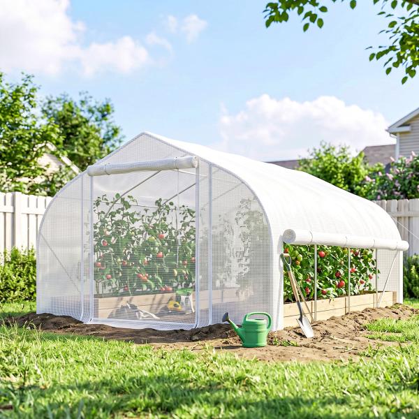 Estufa Tipo Túnel 395x300x200 cm com Porta de Malha e 8 Janelas Estufa de Jardim com Cobertura de PE Branco