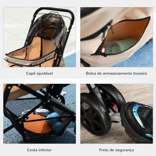 Carrinho para Animais de Estimação Dobrável com Cesta de Armazenamento Cinto de Segurança 76,5x52x95 cm Marrom Claro