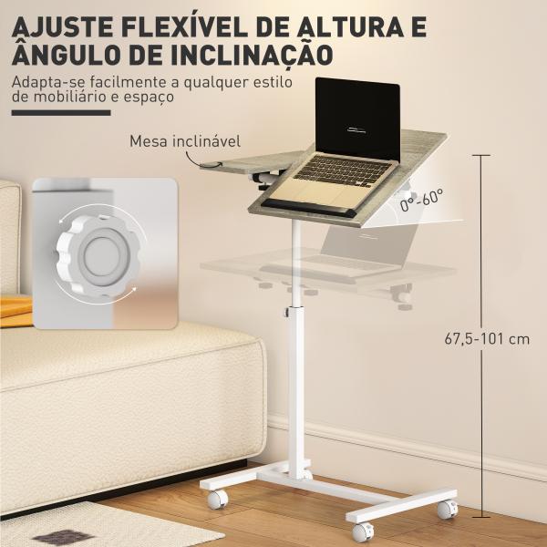 Mesa Auxiliar com Rodas Altura Ajustável Superfície Inclinável e Estrutura de Metal 57x40x67,5 - 101 cm Carvalho e Branco