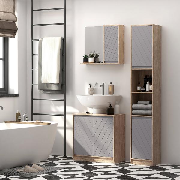 Móvel para Lavatório Casa de Banho com Porta Dupla e Prateleira Ajustável Carga 50kg 60x30x59,8 cm Carvalho e Cinza
