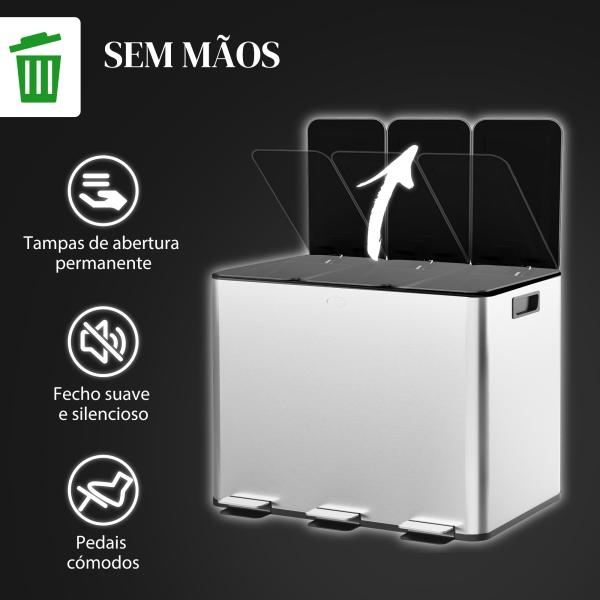 Balde de Lixo de Cozinha com 3 Compartimentos 3x10L com Pedais Tampas com Fechamento Suave e Cubo Amovível Prata