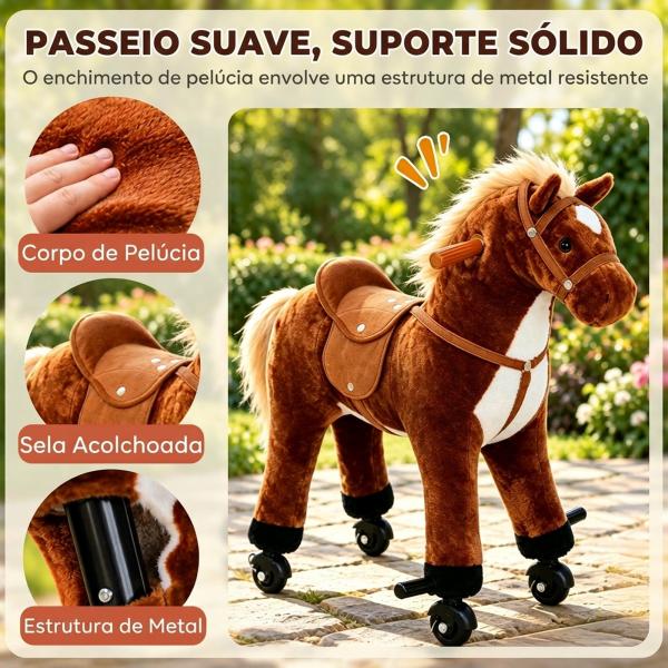 Cavalo de Brinquedo para Crianças de +3 Anos com Rodas Sons e Estrutura de Metal Carga 60kg 65x28x75 cm Castanho