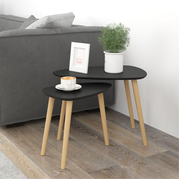 Conjunto de 2 Mesas Auxiliares com Pés de Madeira Mesas de Café 59,5x39,5x45 cm e 44,5x28,5x40 cm Preto