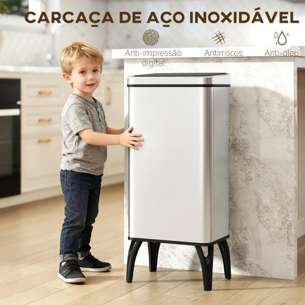 Balde de Lixo Automático 50 L em Aço Inoxidável com Sensor Infravermelhos e Aro de Retenção 35,5x26x83,5 cm Prata