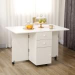 Mesa de Cozinha Dobrável com Laterais Dobráveis 6 Rodas e 2 Gavetas de Armazenamento 120x80x75 cm Branco