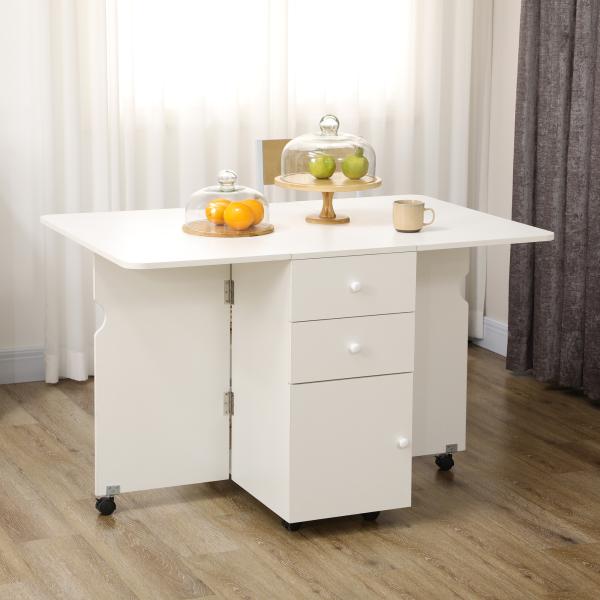 Mesa de Cozinha Dobrável com Laterais Dobráveis 6 Rodas e 2 Gavetas de Armazenamento 120x80x75 cm Branco