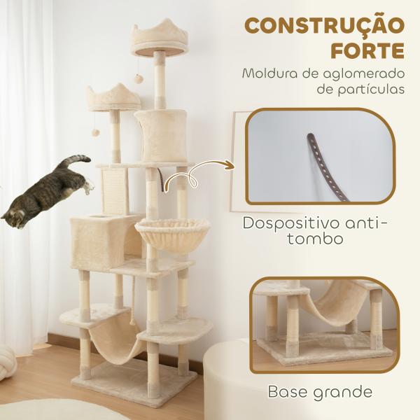 Arranhador para Gatos Grande Altura 173 cm Torre para Gatos com Plataformas Caverna Bolas Suspensa e Rede Bege