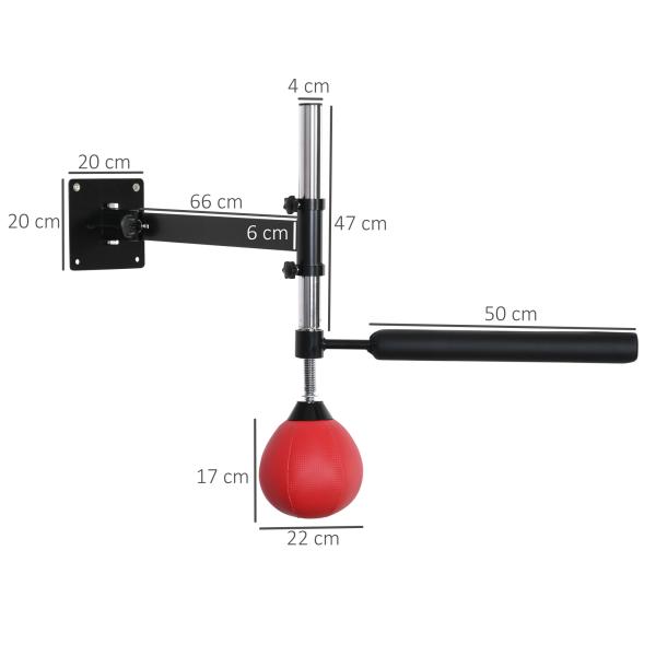 Punching Ball de Boxe Montado na Parede Altura Ajustável com Barra Giratória e Inflador 79x72x20cm Preto e Vermelho