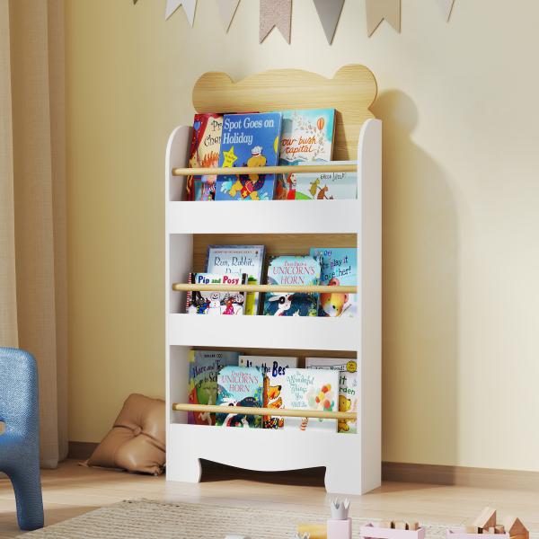 Estante Infantil de 3 Níveis Estante para Livros Infantil Desenho de Ursinho 55x15x110 cm Branco e Madeira