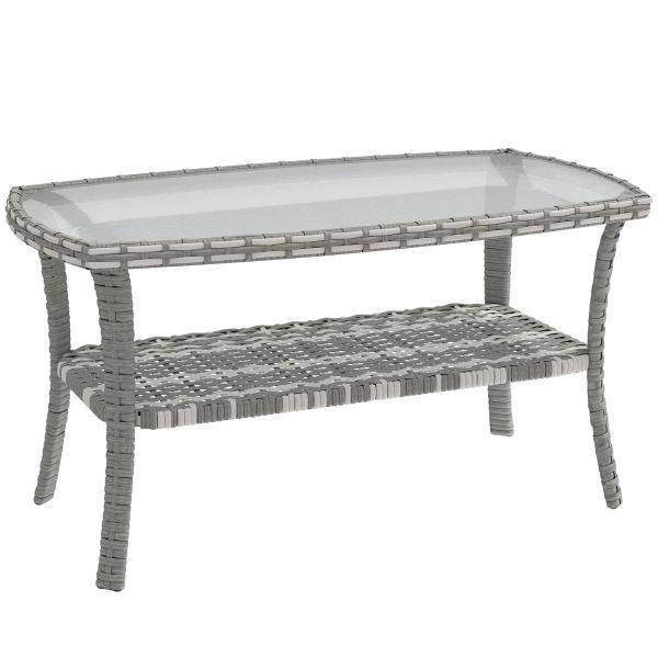 Mesa de Jardim Exterior Retangular em Vime com Prateleira Tampo de Vidro Temperado Ondulado 90x50x45 cm Cinzento Escuro