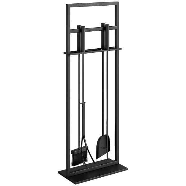 Conjunto de Utensílios para Lareira de 5 Peças em Metal com Escova, Pá, Atiçador, Pinça e Suporte, Preto