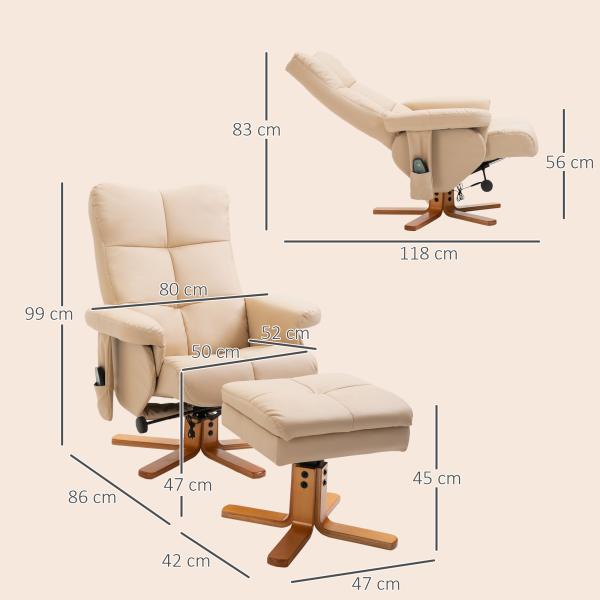 Poltrona Relax Reclinável com Apoio de Pés, 10 Pontos de Massagem, Giratória, Comando à Distância, Bolso Lateral, Creme