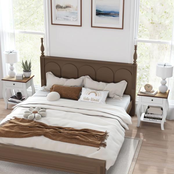 Conjunto de 2 Mesas de Cabeceira com Gaveta Estante Aberto e Bancada Efeito Carvalho Estilo Francês 45x35x55 cm Branco e Carvalho