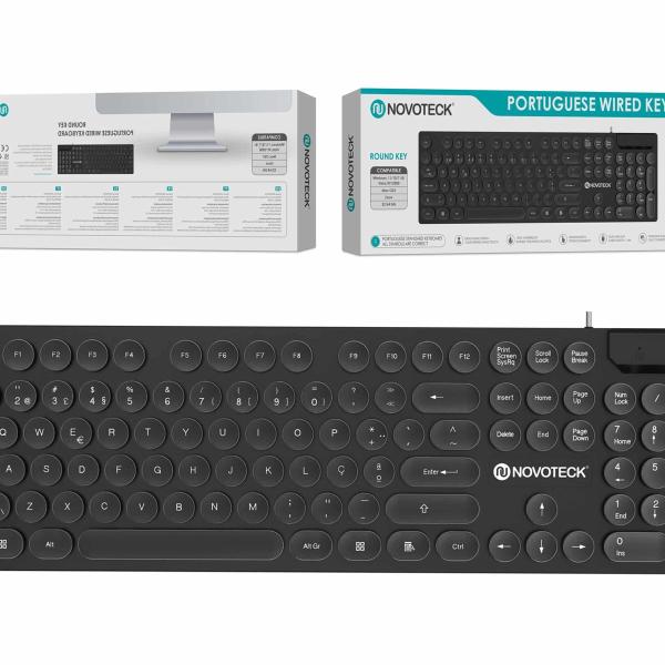 Teclado Português com Fio Novoteck JX-009 – Design Retro com Teclas Redondas
