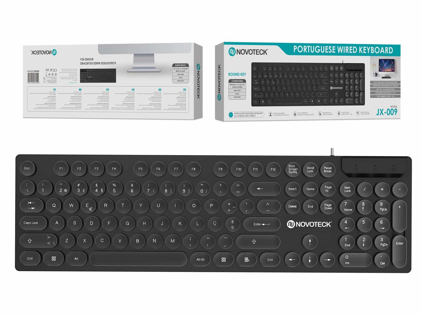 Teclado Português com Fio Novoteck JX-009 – Design Retro com Teclas Redondas