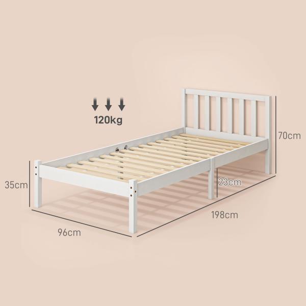 Estrutura de Cama de Madeira Estrado de Cama de Solteiro para Colchão 190x90 cm Carga 120 kg 198x96x70 cm Branco