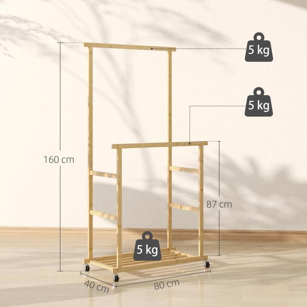 Charriot com Rodas de Bambu com Sapateira 2 Barras para Pendurar para Entrada Corredor Quarto 80x40x160 cm Madeira