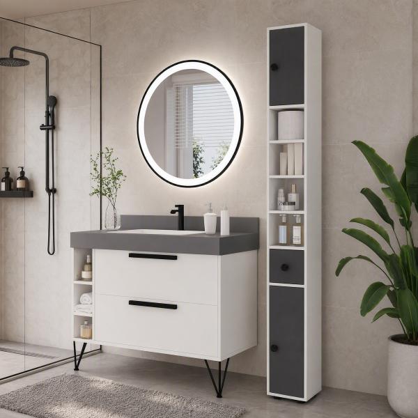 Coluna Casa de Banho Moderna com 1 Gaveta 5 Prateleiras Ajustáveis e 2 Armários 20x20x180 cm Cinza