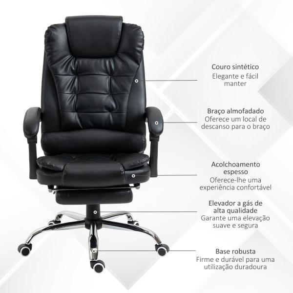 Cadeira de Escritório Reclinável Cadeira Executiva Giratória com Altura Ajustável Estofada em PU 64,5x69x109 - 117 cm Preto