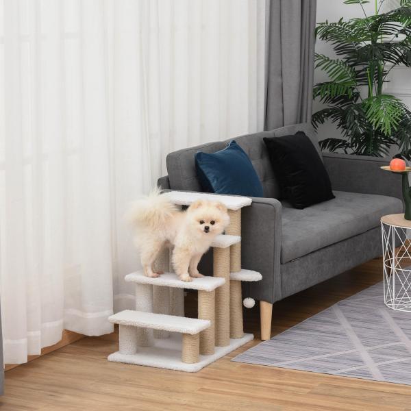 Escada para Gatos de 4 Níveis Coberta de Pelúcia Suave Poste de Juta Bola Pendurada Arranhador para Gatos 60x40x64 cm Branco