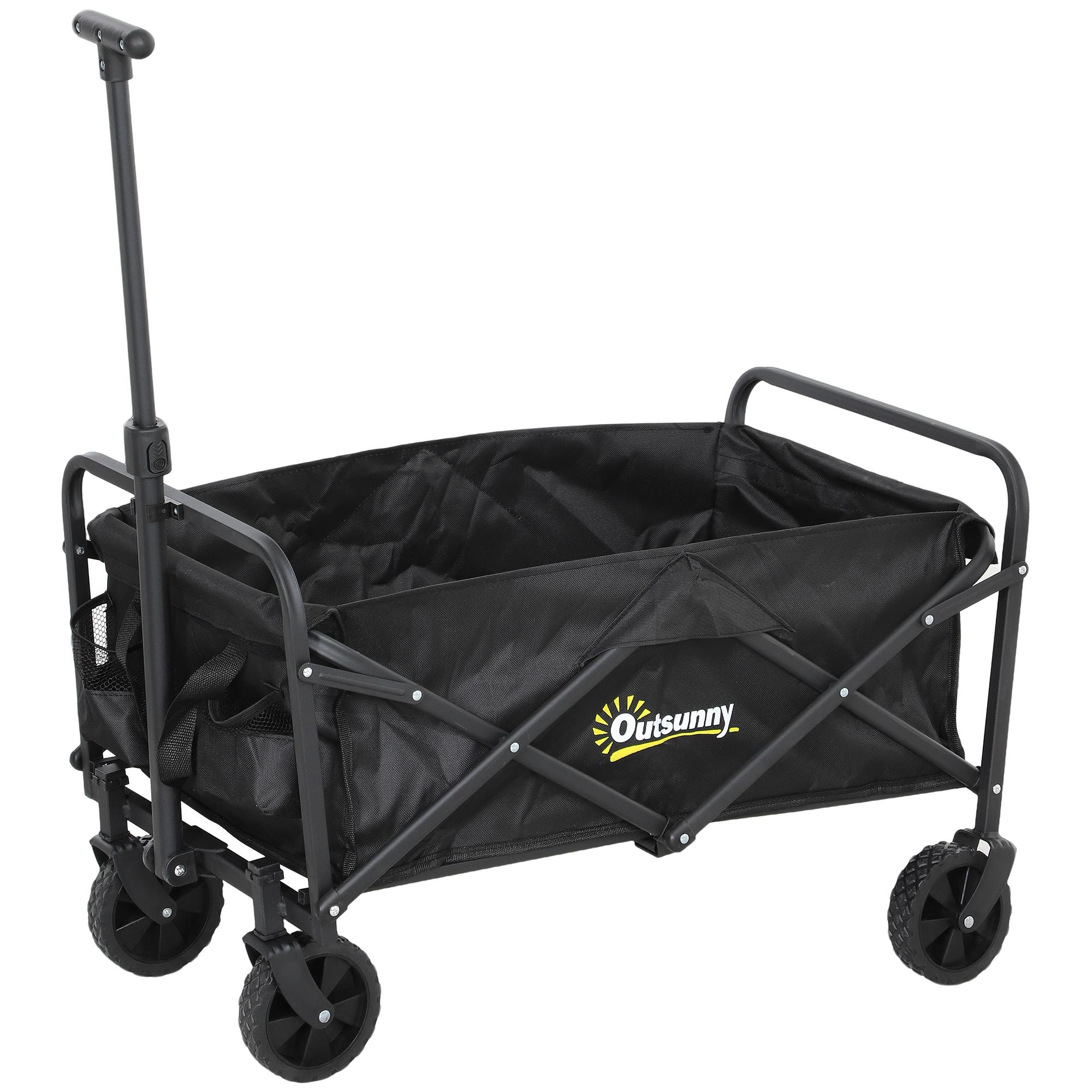 Carrinho de Transporte com Rodas Carrinho de Jardim Dobrável com Pega Telescópica Ajustável 2 Bolsas de Arrumação 64x42x27 cm Preto