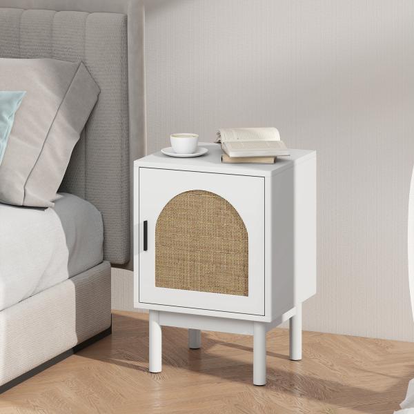 Mesa de Cabeceira com Porta de Vime Prateleira Ajustável e Pés de Madeira Estilo Boémio Mesa Auxiliar 40x35x58 cm Branco