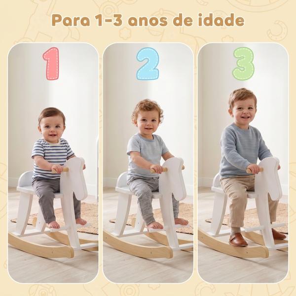 Cavalinho de Baloiço para Crianças 1 - 3 Anos com Base em Madeira e Encosto de Segurança Branco
