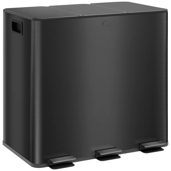 Papelera de Cozinha em Aço Inoxidável com 3 Compartimentos 3x15L com Pedais, Tampas de Fecho Suave e Balde Removível Preto