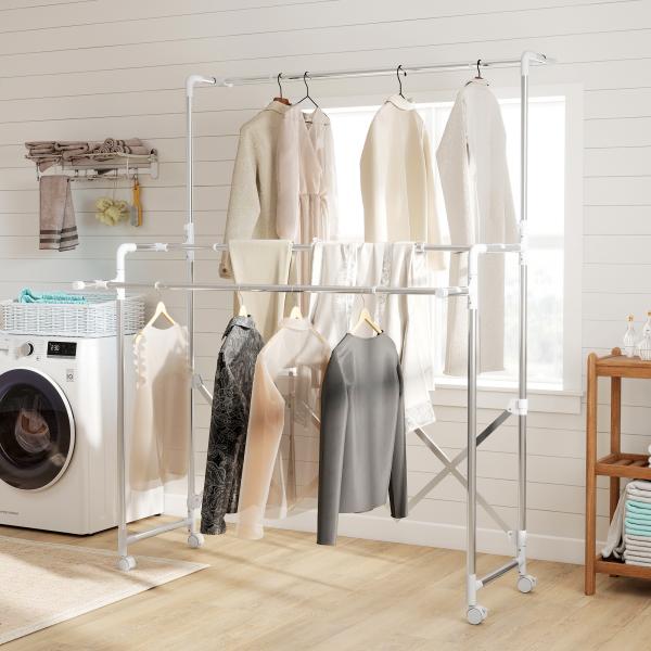 Estendal Vertical Dobrável de 3 Níveis Estendal de Aço Inoxidável com 3 Barras Ajustáveis e Extensíveis 4 Rodas 104 - 150x103x145 - 197 cm Prateado