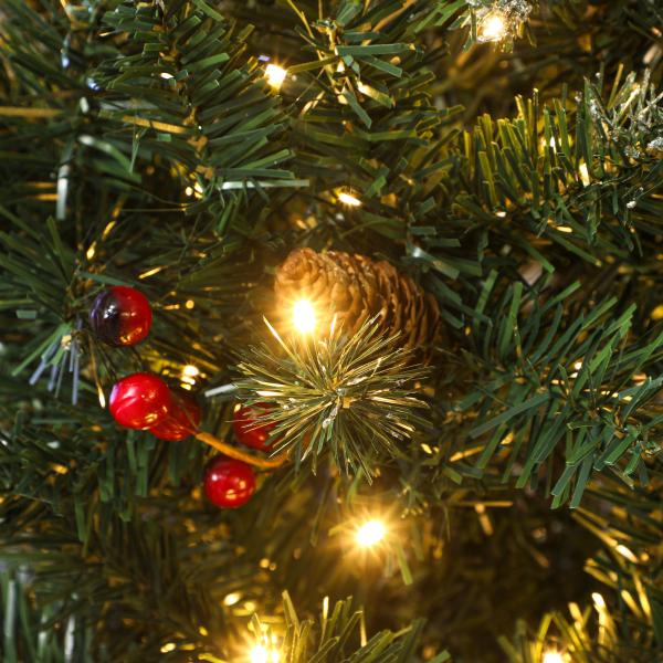 Árvore de Natal Slim 210 cm com Luzes LED 8 Modos de Iluminação 656 Ramos com Purpurina Prateada Pinhas e Bagas Verde