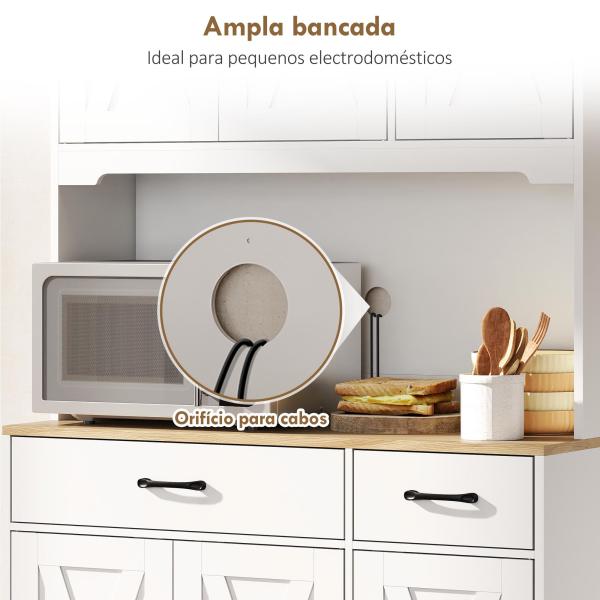 Armário de Cozinha Alto Móvel Auxiliar de Cozinha com Bancada Aberta para Micro - Ondas 2 Gavetas Prateleiras Ajustáveis 94x39,5x175,2 cm Branco