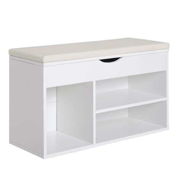 Banco Sapateira com Armazenamento Gaveta Prateleira e Assento Acolchoado para Entrada Estilo Moderno 80x30x47cm Branco