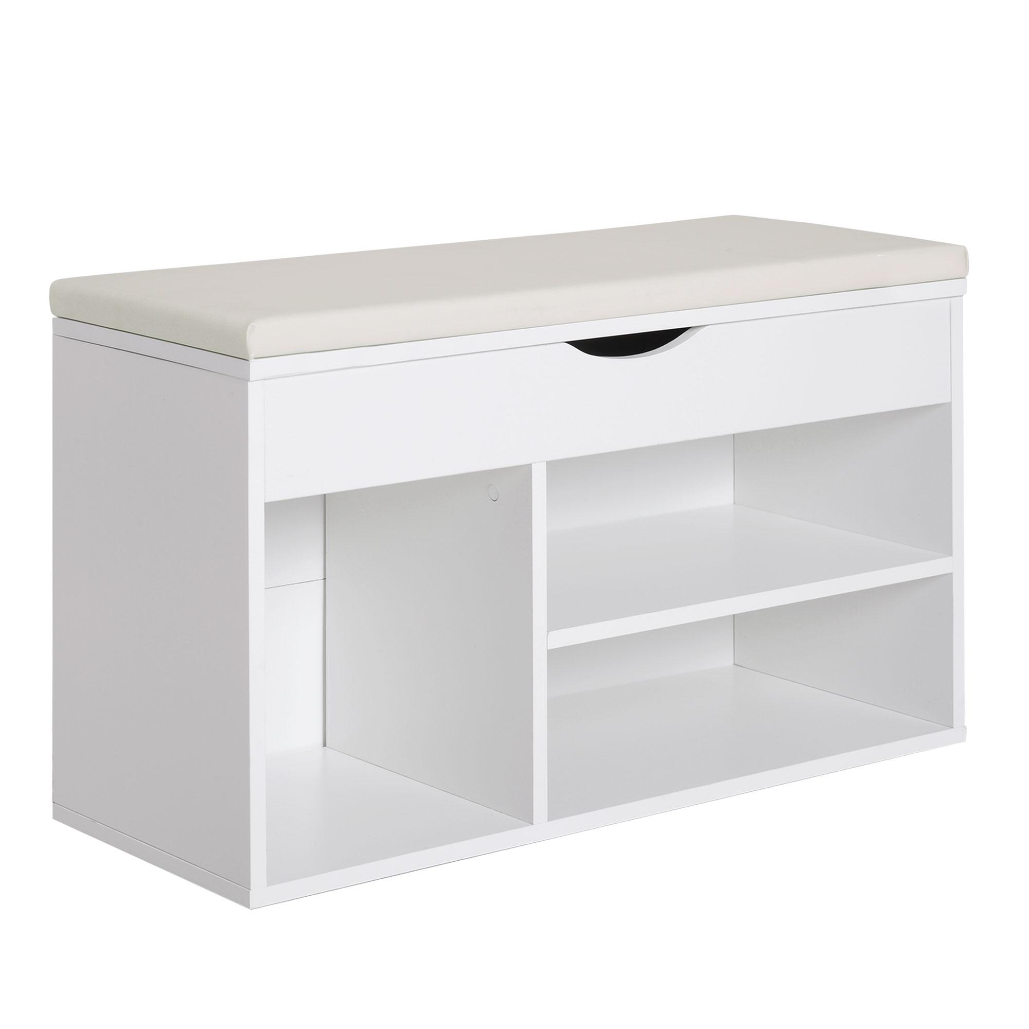 Banco Sapateira com Armazenamento Gaveta Prateleira e Assento Acolchoado para Entrada Estilo Moderno 80x30x47cm Branco