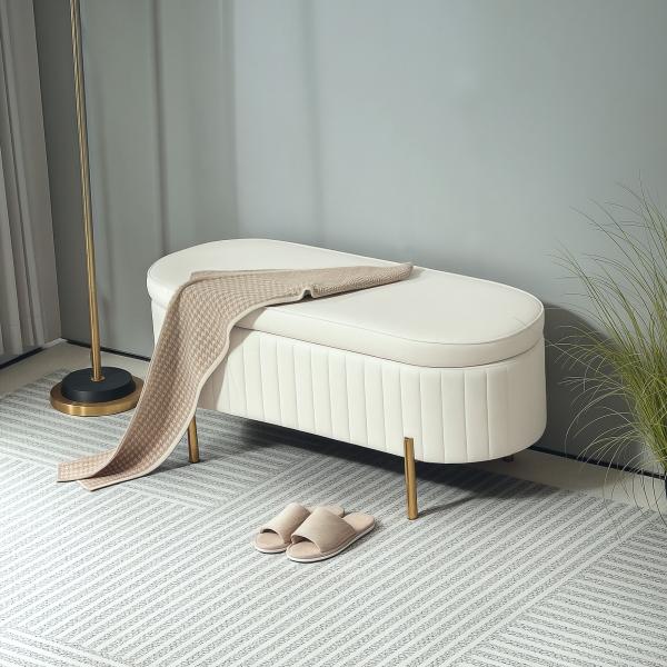 Banco para Pé de Cama em Veludo com Arrumação e Pés Dourados, 108x44x43,5 cm, Creme