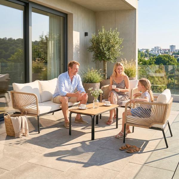 Conjunto Jardim de 4 Peças Móveis de Exterior com Sofá de 2 Lugares 2 Poltronas e Mesa de WPC Branco e Castanho